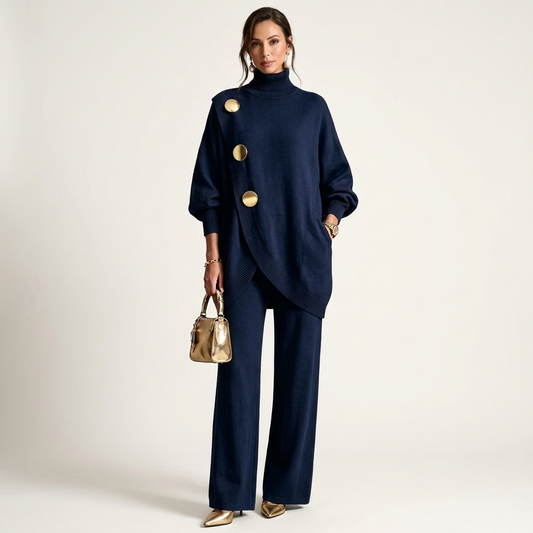 Essy | Metal Button High-Collar Two-Piece Knit Set