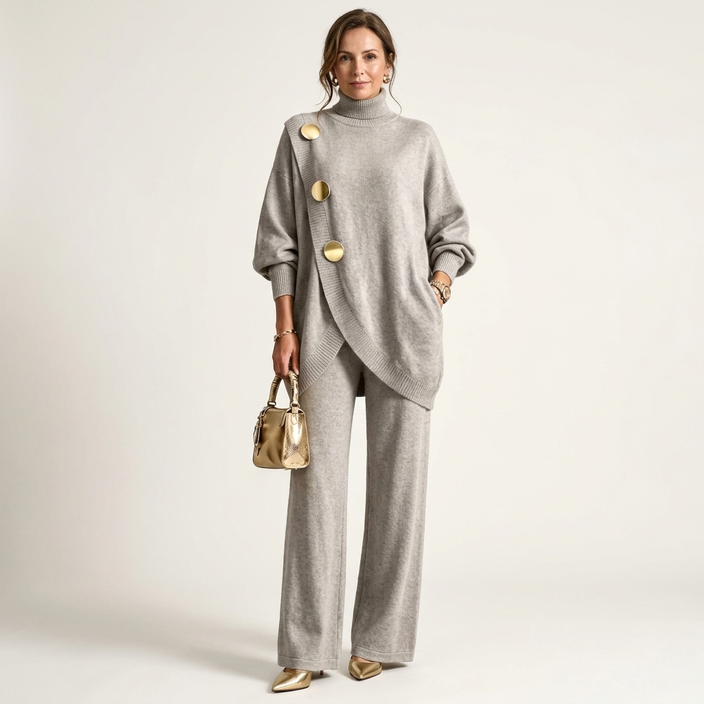 Essy | Metal Button High-Collar Two-Piece Knit Set