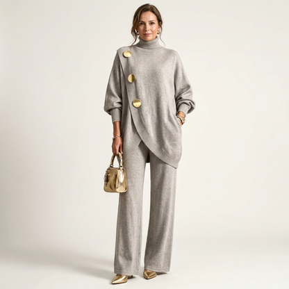 Essy | Metal Button High-Collar Two-Piece Knit Set