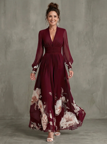 Maude™ Floral Hem Sheer Sleeve Maxi Dress