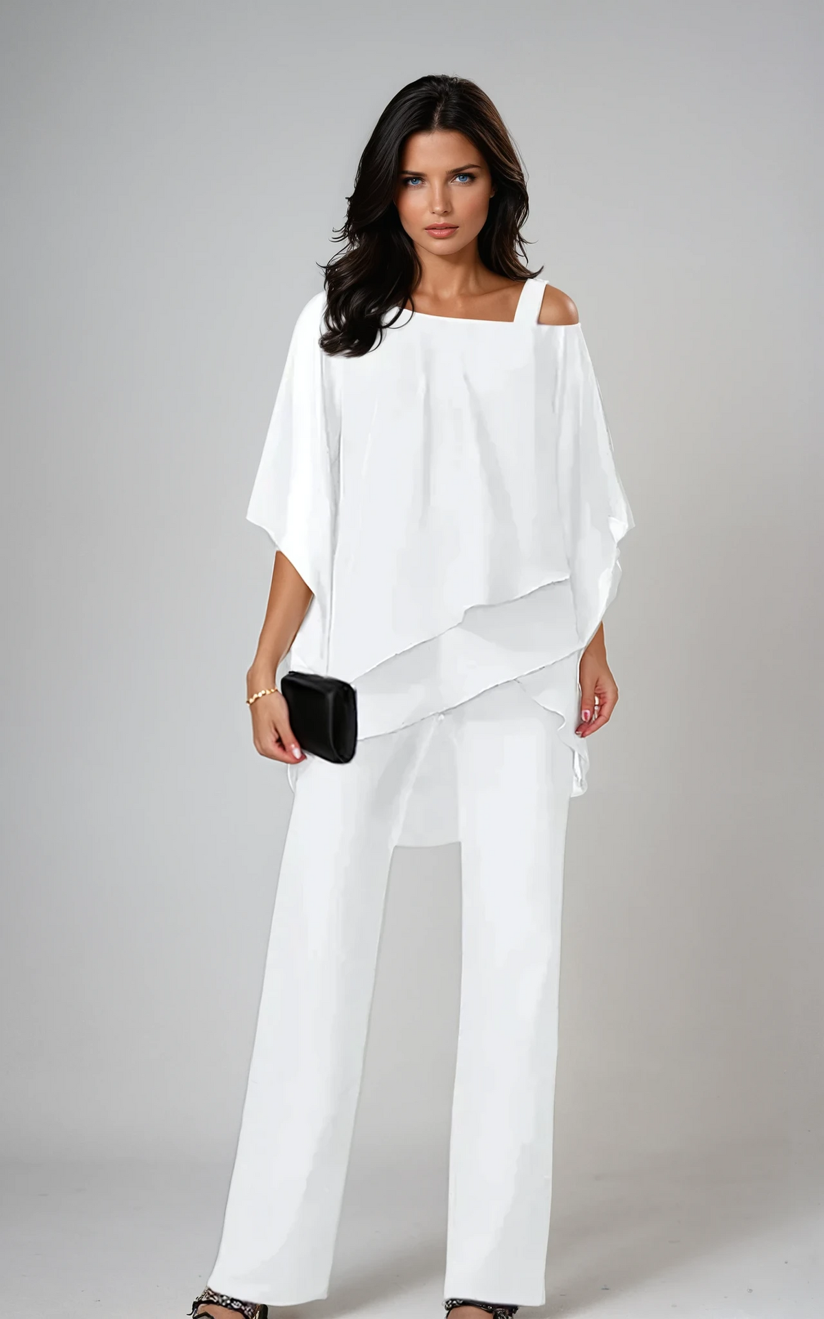 Mariella Layered Two-Piece Set in White — asymmetric layered top with wide-leg trousers