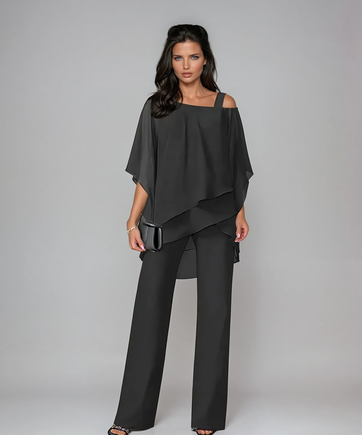 Mariella Layered Two-Piece Set in Black — asymmetric layered top with wide-leg trousers