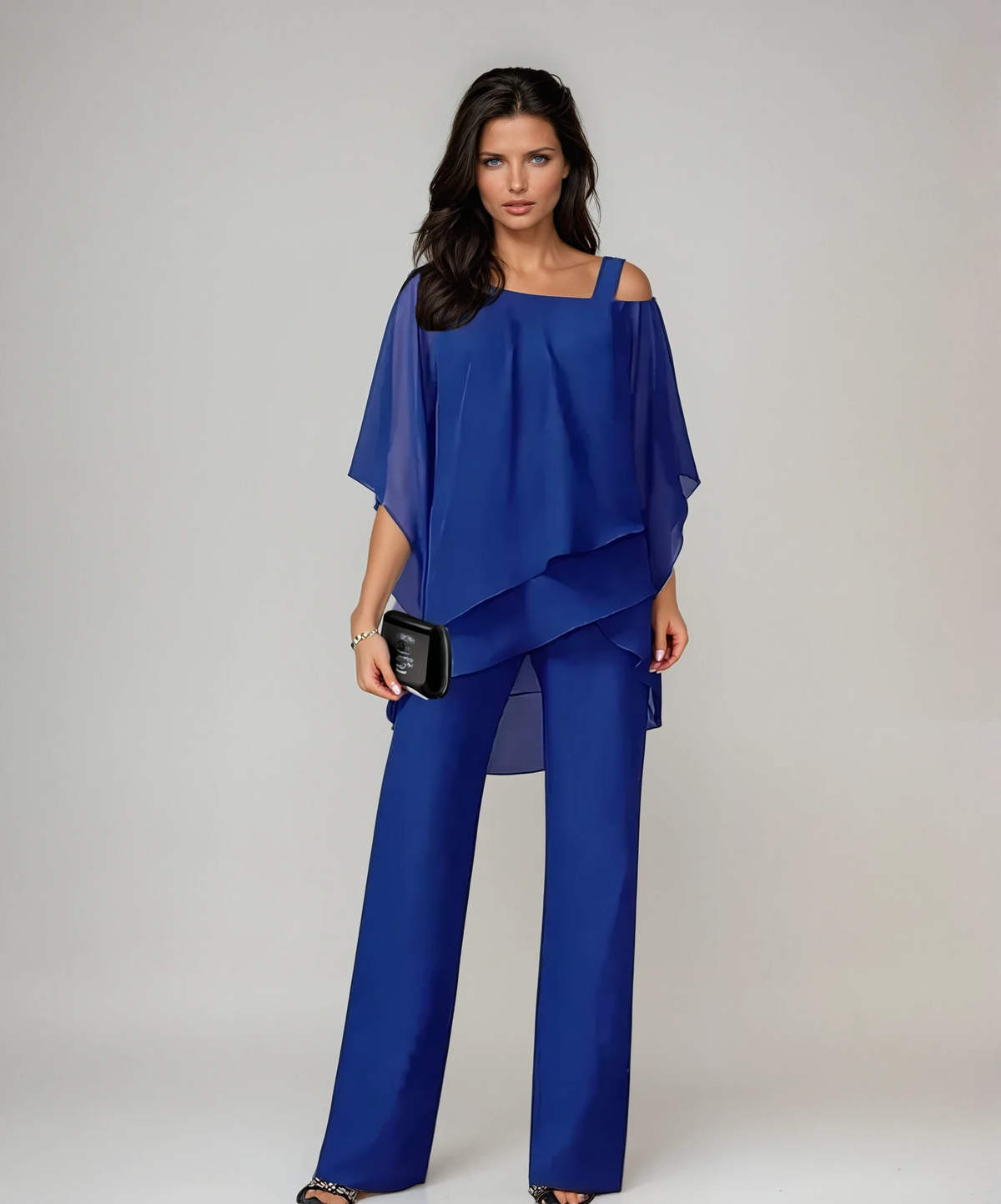 Mariella Layered Two-Piece Set in Blue — asymmetric layered top with wide-leg trousers