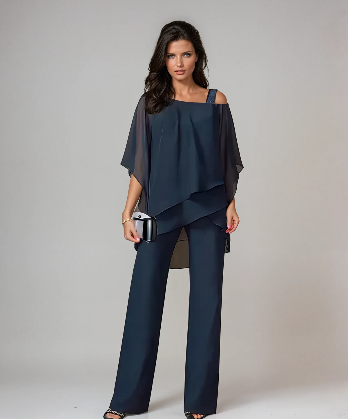 Mariella Layered Two-Piece Set in Navy Blue — asymmetric layered top with wide-leg trousers