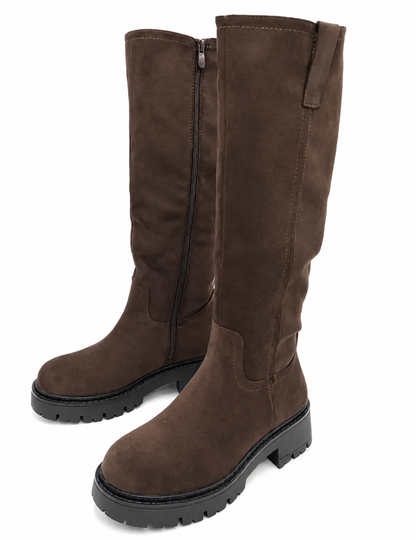 Verona Knee-High Boots in Chocolate Brown, pair on a white background