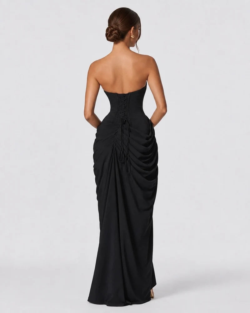 Luxury draped maxi dress, Black, back view