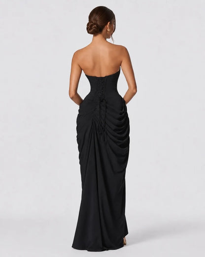 Luxury draped maxi dress, Black, back view
