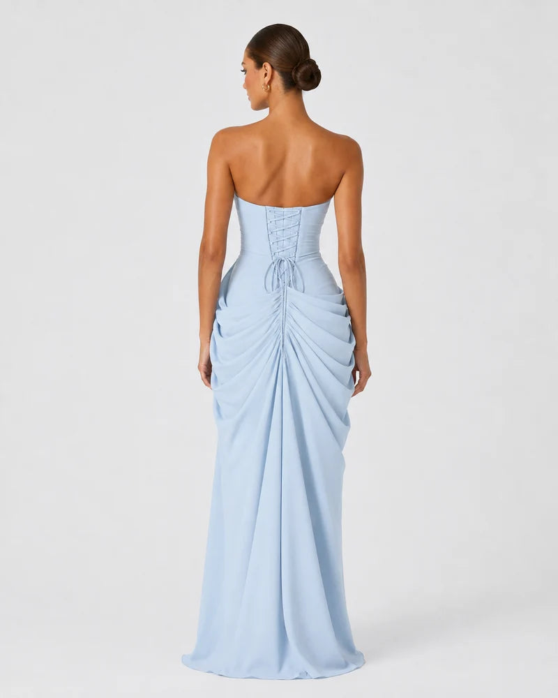Luxury draped maxi dress, Light Blue, back view