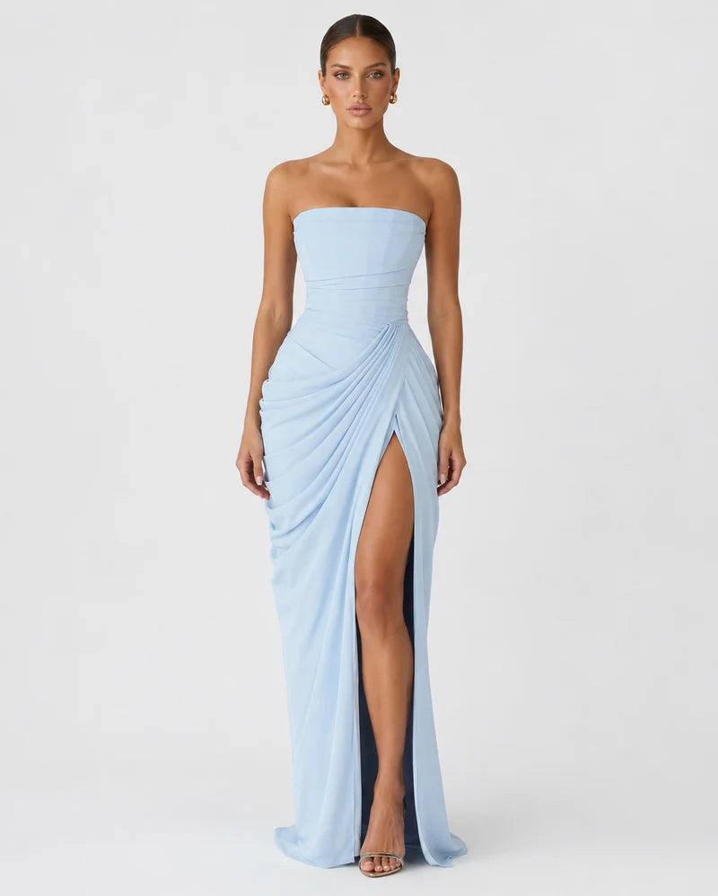 Luxury draped maxi dress, Light Blue, front view