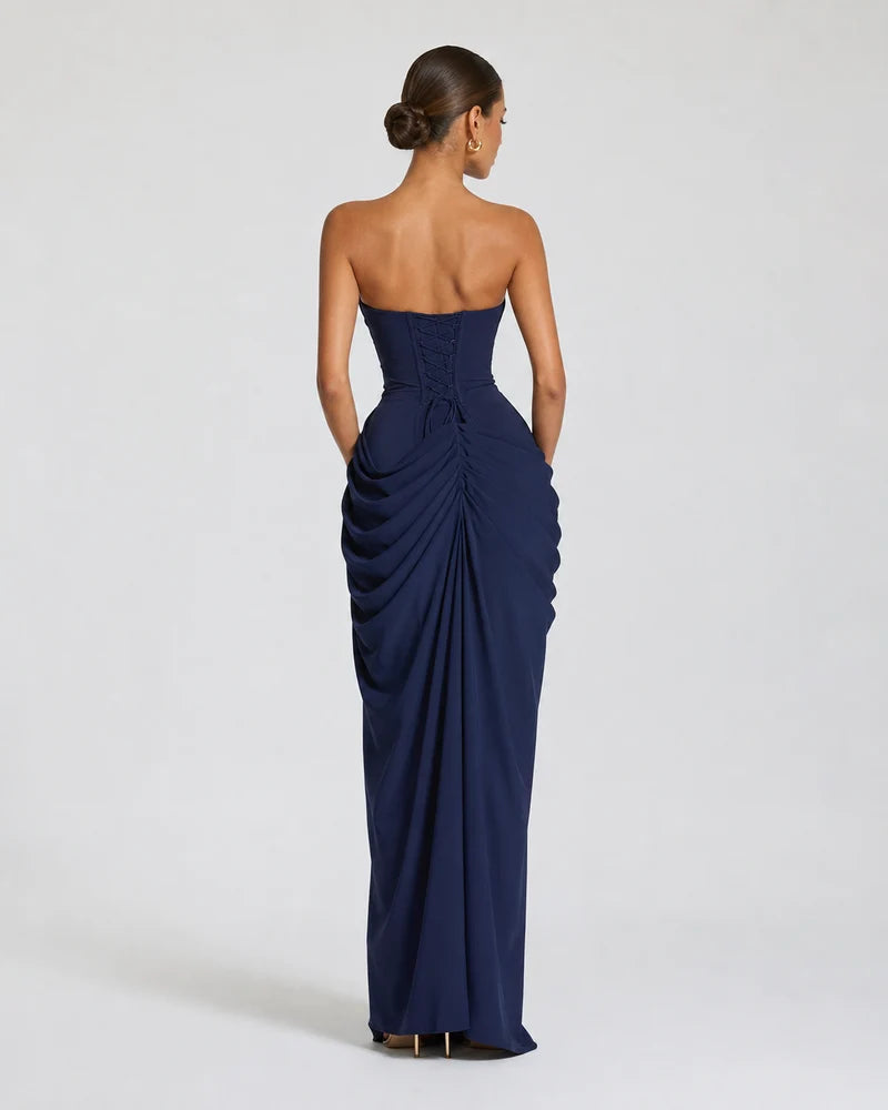 Luxury draped maxi dress, Navy Blue, back view