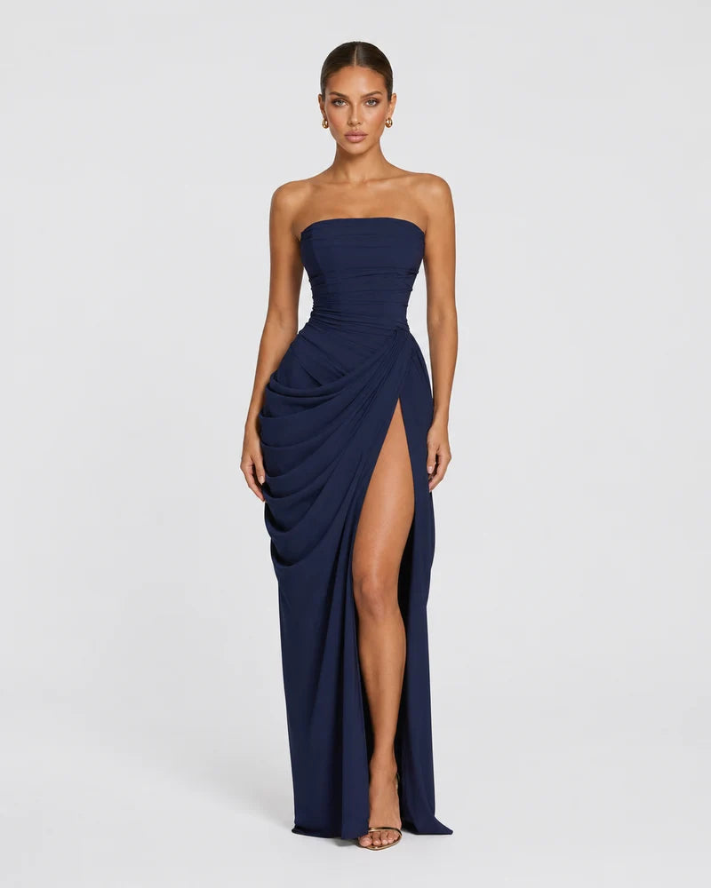 Luxury draped maxi dress, Navy Blue, front view