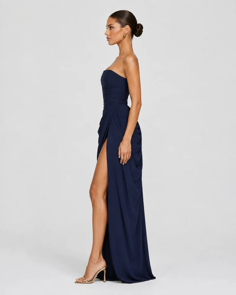 Luxury draped maxi dress, Navy Blue, side view