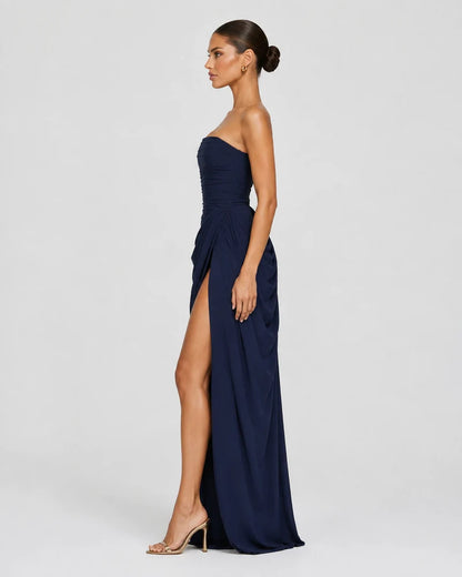 Luxury draped maxi dress, Navy Blue, side view