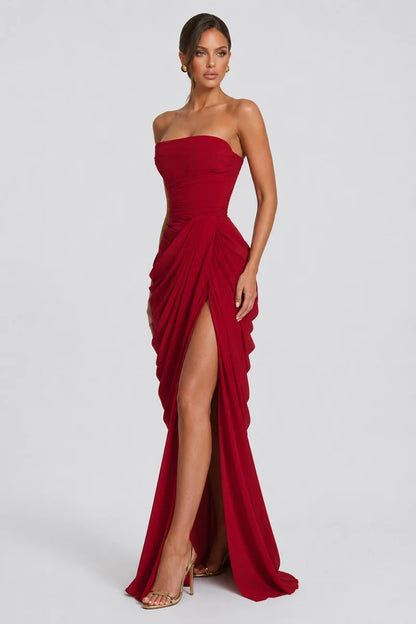 Luxury draped maxi dress, Red, angle view