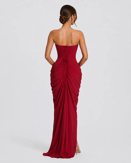 Luxury draped maxi dress, Red, back view