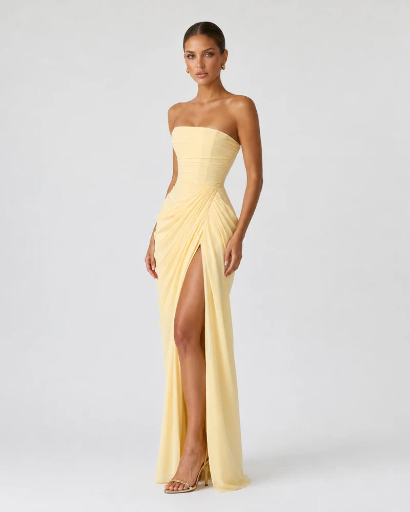 Luxury draped maxi dress, Yellow, angle view