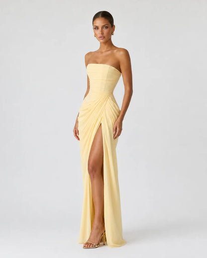 Luxury draped maxi dress, Yellow, angle view