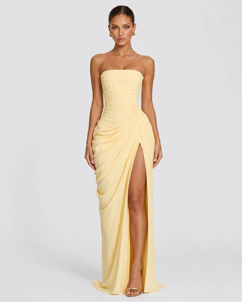 Luxury draped maxi dress in yellow, front view