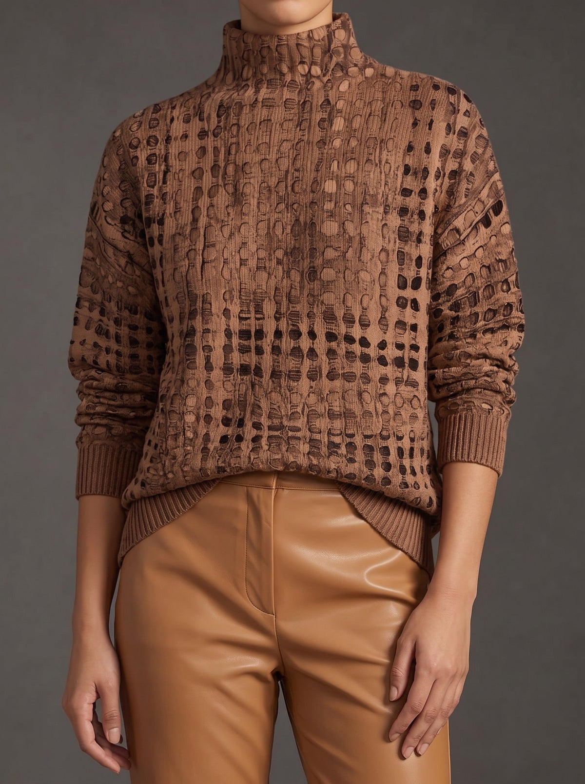 Chestnut lattice turtleneck with a soft tonal grid