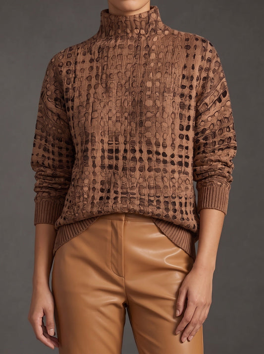 Chestnut lattice turtleneck with a soft tonal grid