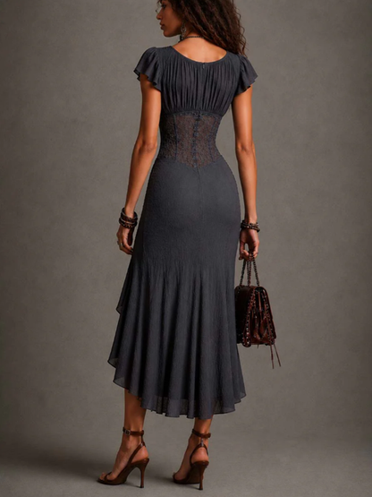 Camélia | Robe Midi en Dentelle, Décolleté en V, Gris Anthracite