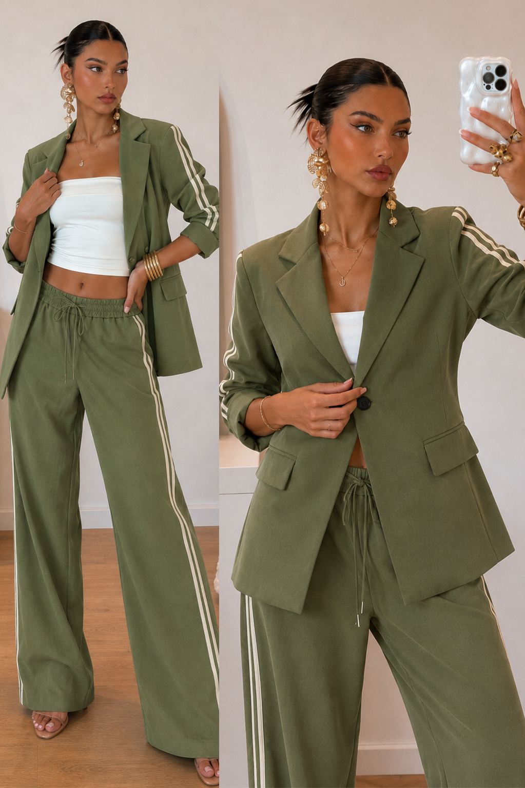 Noemi Blazer & Palazzo Trouser Set in Green — soft blazer and palazzo trousers with a contrast side stripe