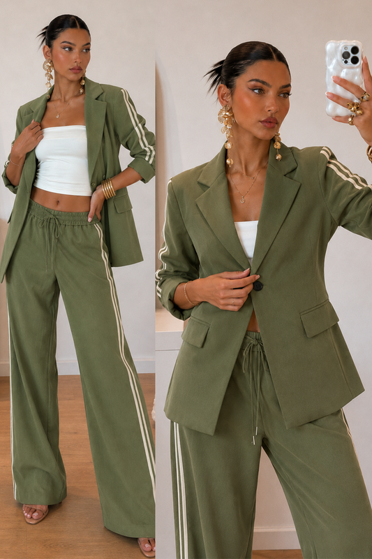 Noemi Blazer & Palazzo Trouser Set in Green — soft blazer and palazzo trousers with a contrast side stripe