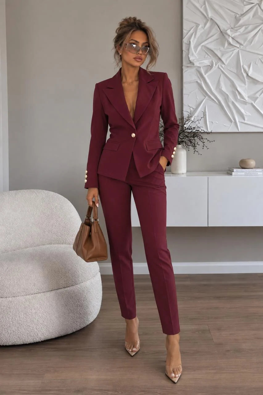 Pemberton Blazer & Trouser Set in Burgundy — notched-lapel blazer with matching slim trousers