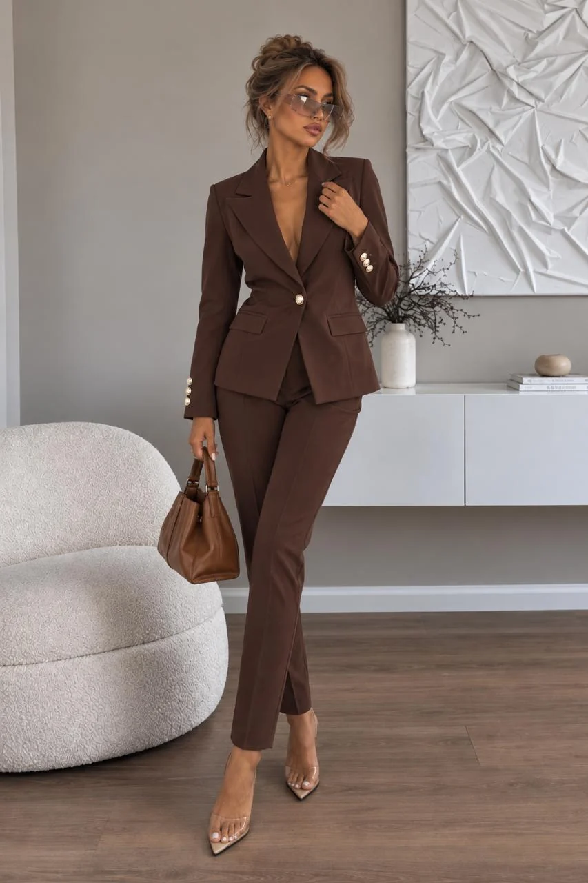 Pemberton Blazer & Trouser Set in Chocolate Brown — notched-lapel blazer with matching slim trousers