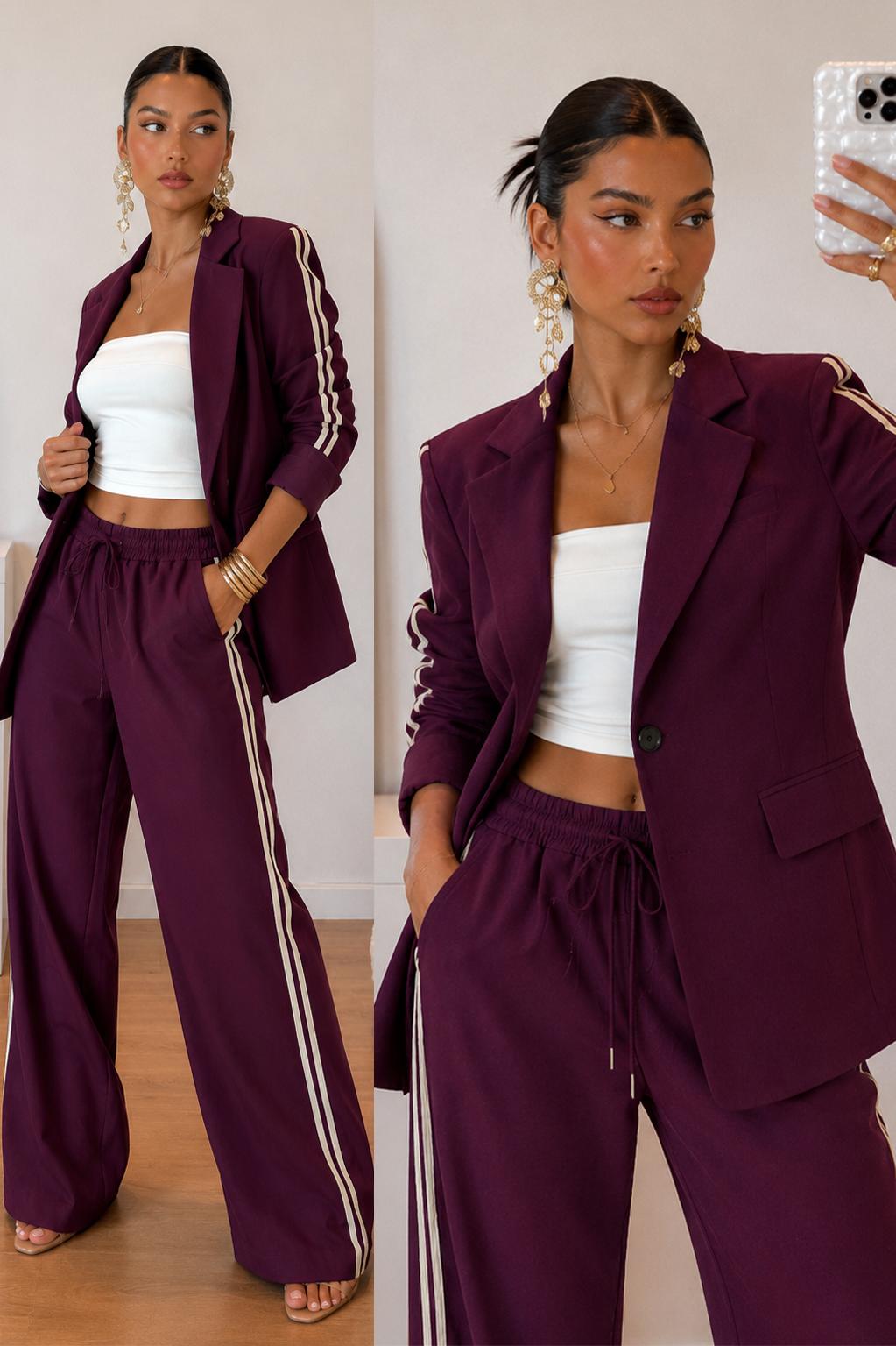 Noemi Blazer & Palazzo Trouser Set in Burgundy — soft blazer and palazzo trousers with a contrast side stripe