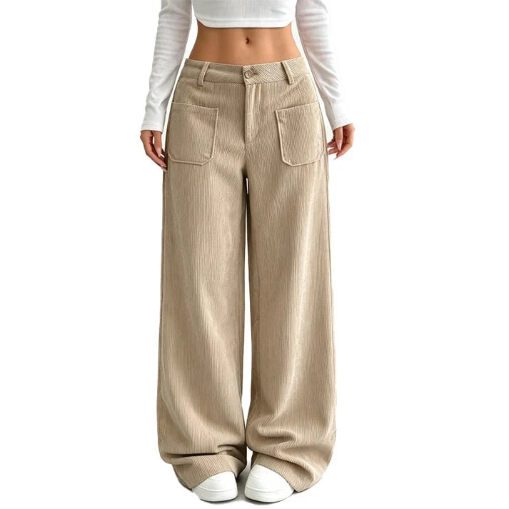 Ashby Wide-Leg Corduroy Trousers in Beige — full-length wide leg with patch pockets