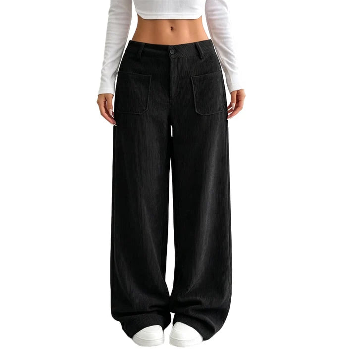 Ashby Wide-Leg Corduroy Trousers in Black — full-length wide leg with patch pockets