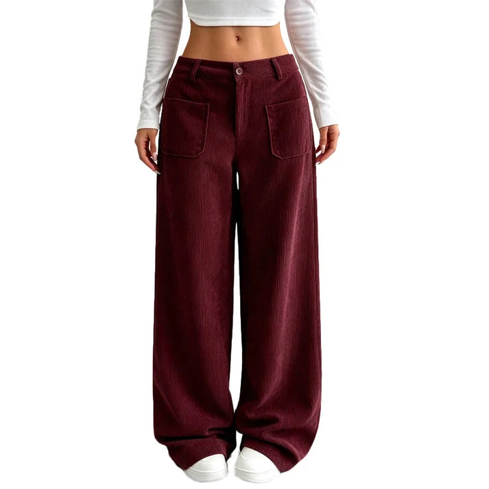 Ashby Wide-Leg Corduroy Trousers in Burgundy — full-length wide leg with patch pockets