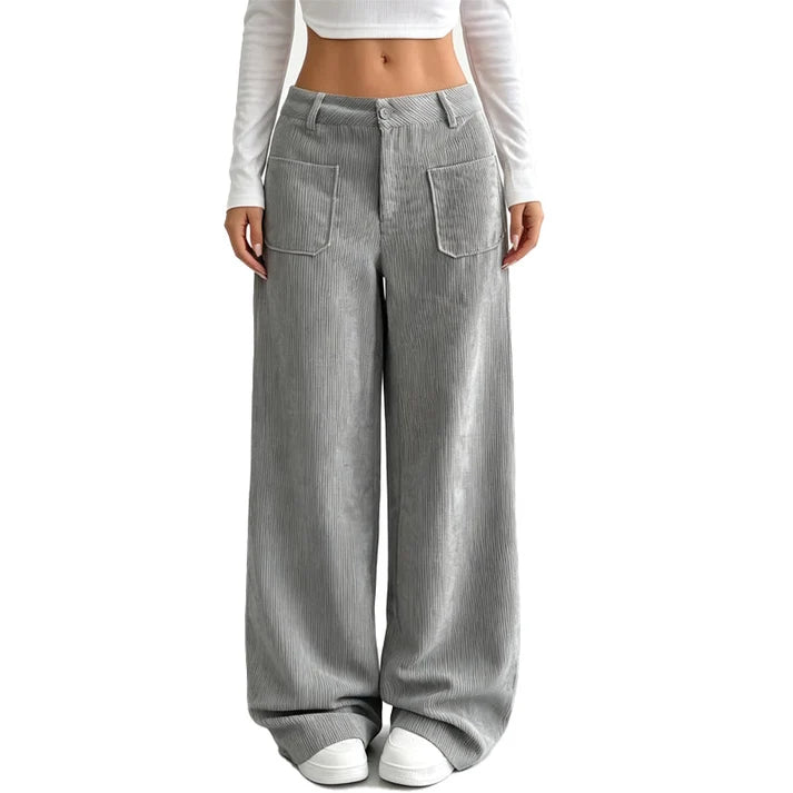 Ashby Wide-Leg Corduroy Trousers in Grey — full-length wide leg with patch pockets
