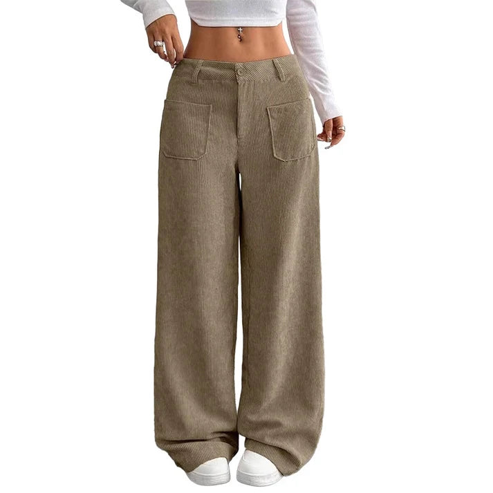 Ashby Wide-Leg Corduroy Trousers in Khaki — full-length wide leg with patch pockets