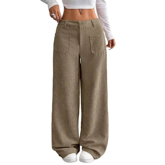 Ashby Wide-Leg Corduroy Trousers in Khaki — full-length wide leg with patch pockets