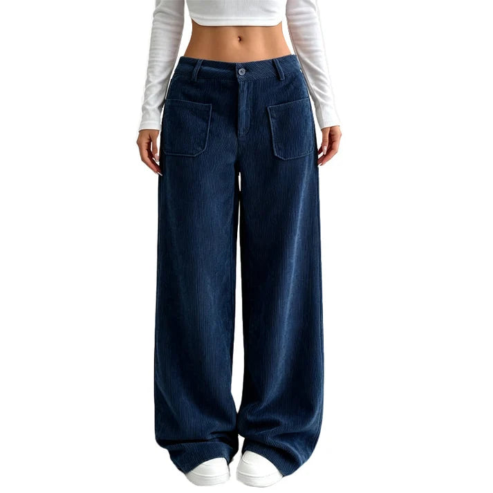Ashby Wide-Leg Corduroy Trousers in Navy — full-length wide leg with patch pockets