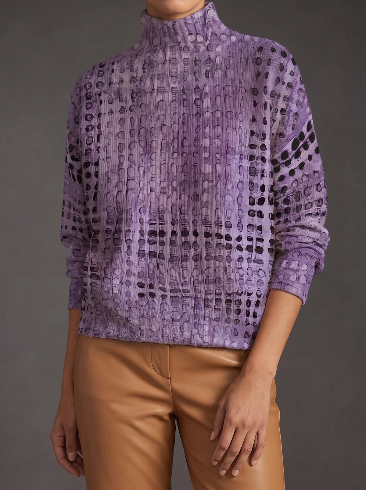 Lavender turtleneck with a deeper lilac grid